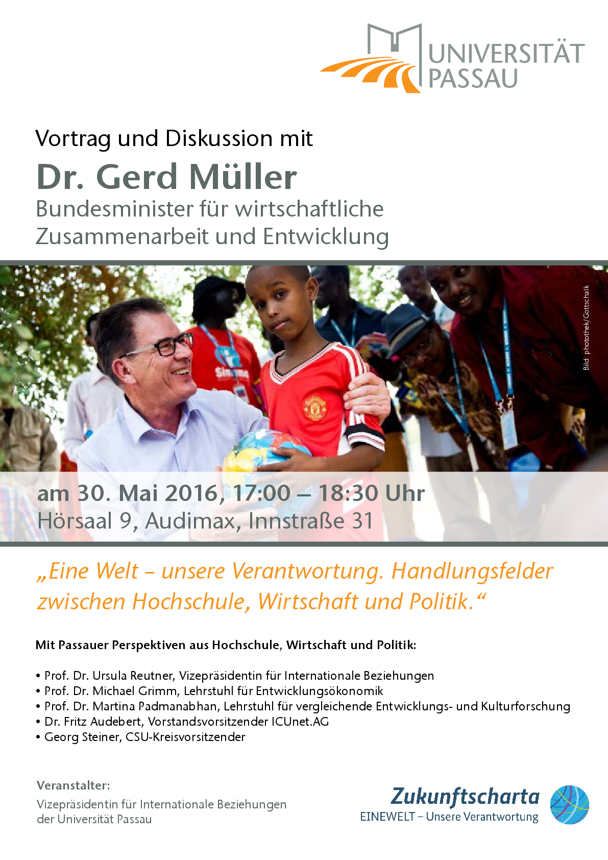 Plakat Eine Welt - unsere Verantwortung. Handlungsfelder zwischen Hochschule, Wirtschaft und Politik.