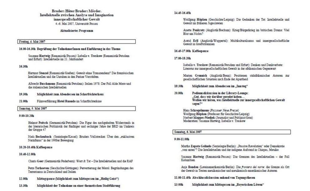 Programm zur Tagung "Bruders Hüter, Bruders Mörder"