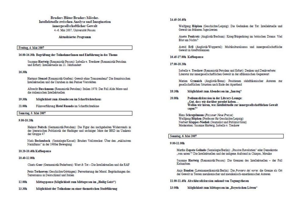 Programm zur Tagung Bruders Hüter/Bruders Mörder Programm zur Tagung Bruders Hüter/Bruders Mörder
