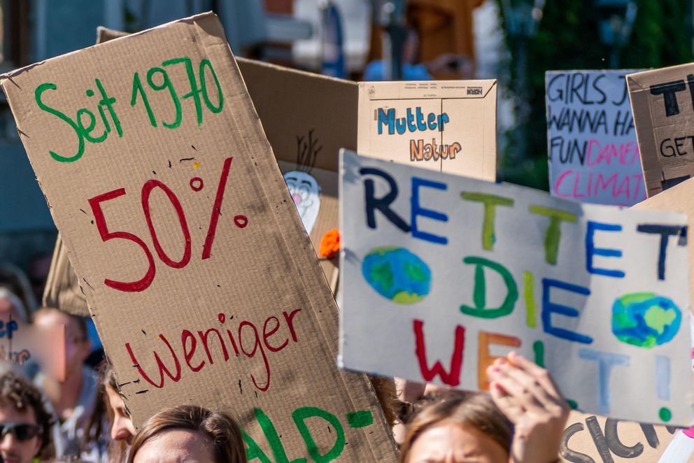 Demonstrators at a Fridays for Future demonstration hold up colorful climate change signs.