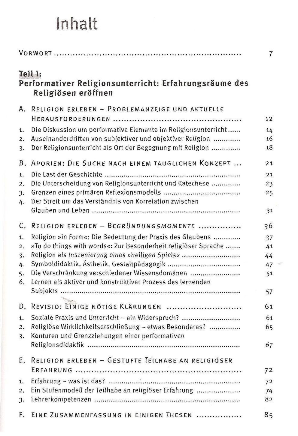 Inhaltsverzeichnis des Buchs "Religion erleben"