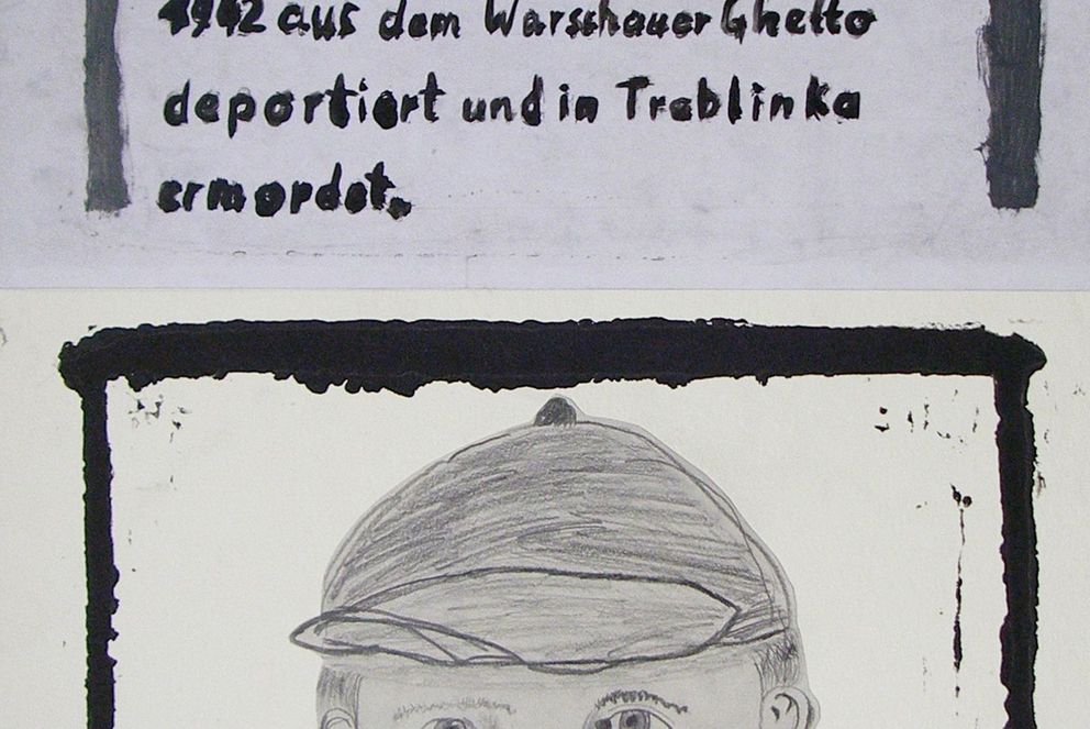 Beispiele aus der Ausstellung: Der Junge mit der Mütze wurde gezeichnet von Marcel Gola, das Mädchen von Daniel Nebel und Janusz Korczak von Samuel Fischer-Glaser. 