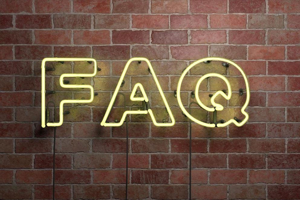 FAQ - fluorescent Neon tube Sign on brickwork - Front view - 3D