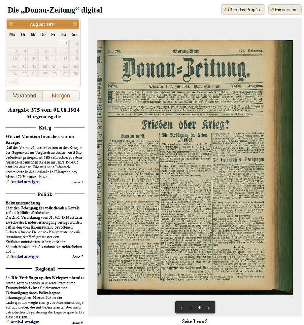 Online-Zugriff auf die Passauer Donauzeitung von 1914