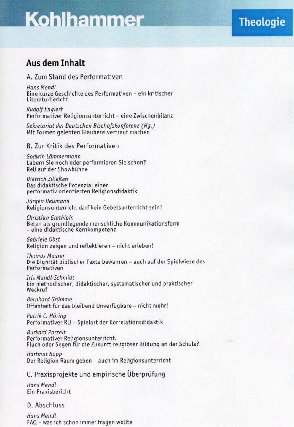 Mendl: Religion zeigen, Inhaltsverzeichnis Inhaltsverzeichnis des Buchs "Religion zeigen"