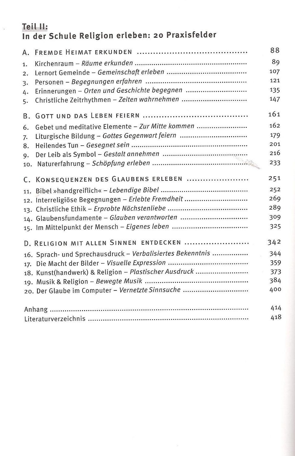 Inhaltsverzeichnis des Buchs "Religion erleben"