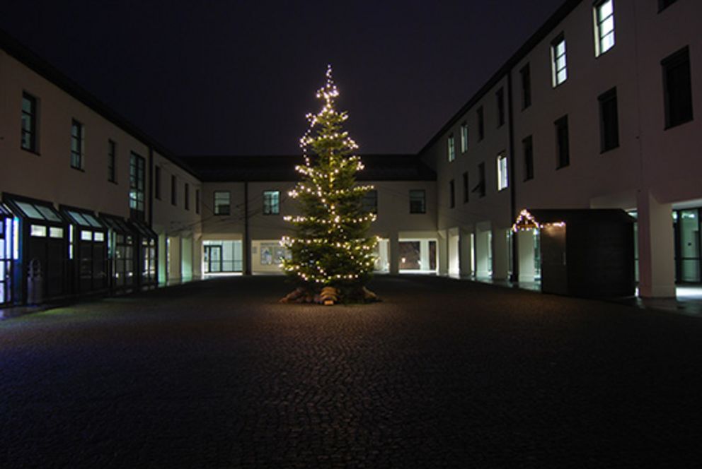 Weihnachtsbaum auf dem Mensavoplatz der Universität Passau